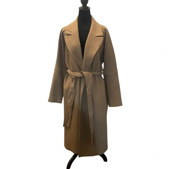 H&M Long Camel-Colored,brown, tan,beige Robe style Coat w adjustable belt,Large - Picture 3 of 7